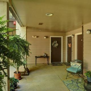 A cozy porch with plants and seating, leading to multiple doorways.