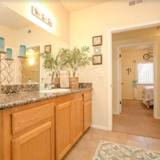 A beautifully designed bathroom featuring a spacious vanity with granite countertops and warm wooden cabinetry, complemented by decorative plants and soft lighting.