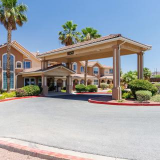 A hotel entrance featuring palm trees and a covered driveway under a clear blue sky.