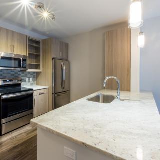 A modern kitchen with stainless steel appliances and a marble countertop.
