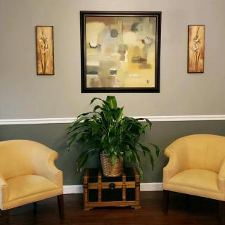 A cozy, modern living room setup featuring two yellow chairs, a central green plant, and abstract artwork on the walls.