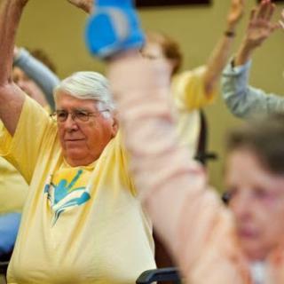 Seniors participating in a fitness class, engaging in physical activities to promote health and well-being.