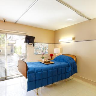 A clean and bright hospital room with a bed, TV, and natural lighting.