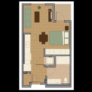 An illustrated floor plan of an apartment showing the layout of rooms and furniture.