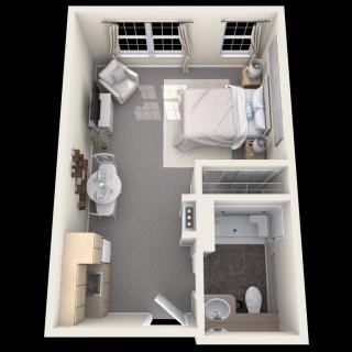 3D floor plan of a compact apartment with a bedroom and bathroom.