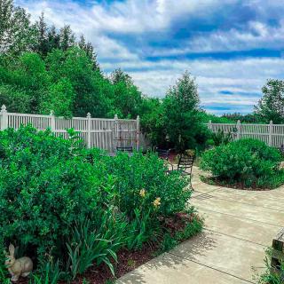 A serene garden with lush greenery, a pathway, and a wooden fence under a partly cloudy sky.