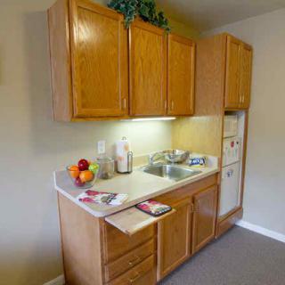 A compact kitchen setup featuring wooden cabinets, a sink, and a countertop with fruits and small appliances.