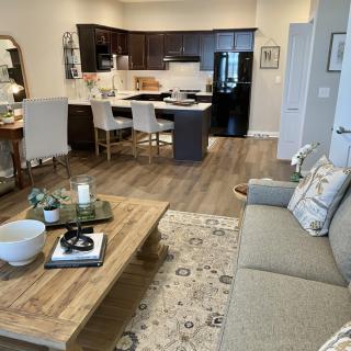A modern open-floor living room and kitchen with stylish furniture and wooden flooring.