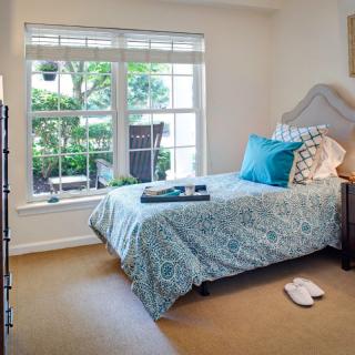 A cozy bedroom with a single bed, decorative pillows, and ample natural light from a large window providing a garden view.