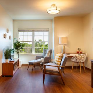 A modern and cozy living room featuring stylish furniture and natural light.