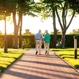 Two people walking together in a park at sunset.