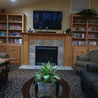 A cozy living room with a fireplace, surrounded by bookshelves and adorned with comfortable sofas and a coffee table featuring a decorative plant.