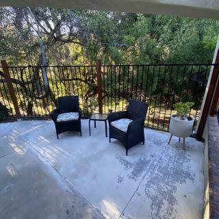A cozy patio setup with two chairs, a table, and a plant, surrounded by trees and a fence.