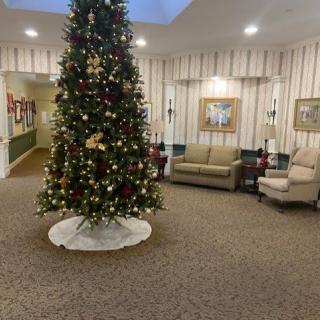 A beautifully decorated Christmas tree in a cozy lobby area.