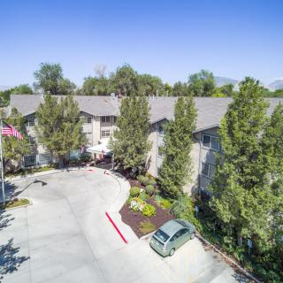 Aerial view of a building surrounded by trees with a car in the driveway.