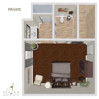 3D floor plan of a private apartment featuring bedroom and bathroom layout.