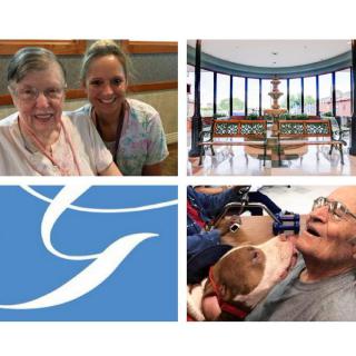 A collage depicting various aspects of elderly care, including a caregiver with a senior, a scenic interior view, and family interactions.