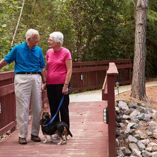 An elderly couple walking their dog across a wooden bridge in a natural setting.