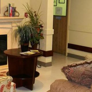 A cozy living room with a fireplace, plants, and comfortable seating.
