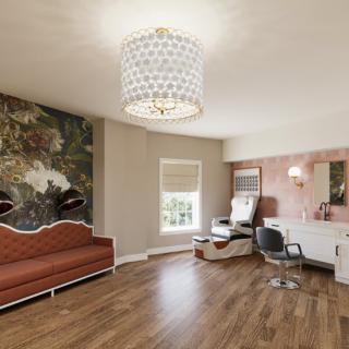 A modern salon interior with stylish decor and comfortable seating.