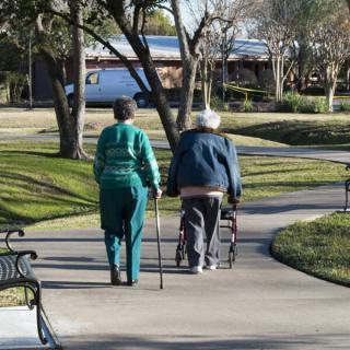 Two elderly people taking a walk in the park on a sunny day.