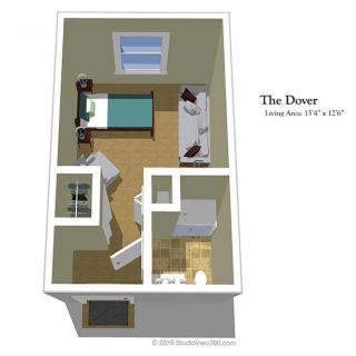 3D floor plan of a compact living space with a bed, desk, and bathroom.