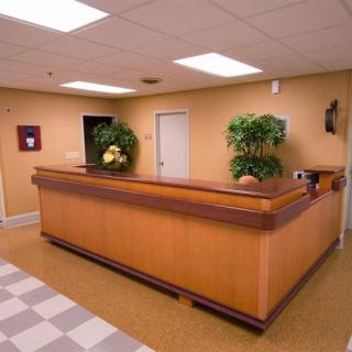 A welcoming reception area featuring a wooden front desk and decorative plants.