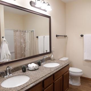 A modern bathroom featuring a double sink with a granite countertop, a large vanity mirror, and a shower area.
