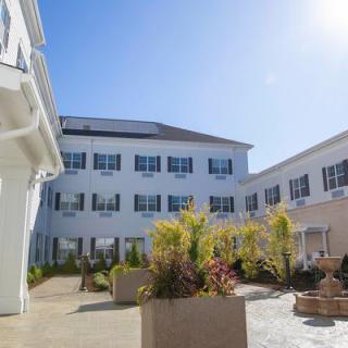 A sunny courtyard surrounded by a white building with blue shutters and lush greenery.
