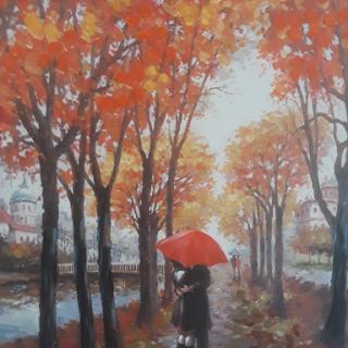 A serene autumn landscape featuring vibrant orange leaves and a figure holding a red umbrella along a peaceful pathway.