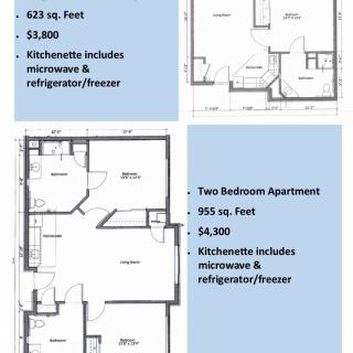 Comparison of studio and two-bedroom apartment layouts with pricing and included kitchen amenities.