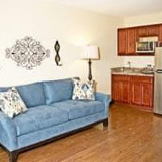 A cozy apartment living area featuring a blue sofa, hardwood floors, and a compact kitchenette.