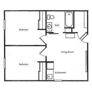 A simple apartment floor plan with two bedrooms, a bathroom, a kitchen area, and a living room.