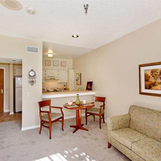A cozy apartment living area with a small dining table, sofa, and kitchenette.