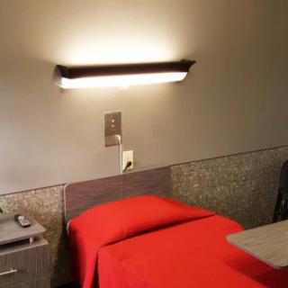 A minimalist bedroom with a red-covered bed and wall-mounted light.