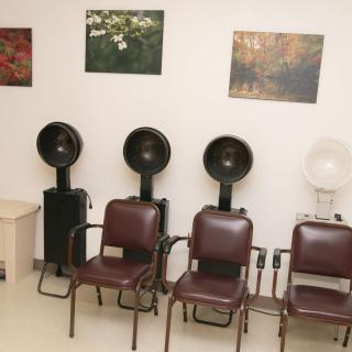 A salon waiting area with chairs and hair dryers lined up beneath wall artwork.
