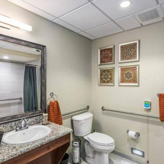 A modern bathroom with a granite countertop, decorative art on the wall, and accessible handrails.