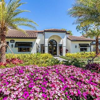 A beautiful house with vibrant flowers and lush palm trees in the garden.