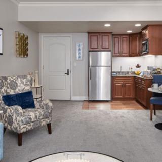 A cozy living space featuring a compact kitchen and a comfortable armchair.