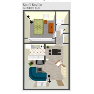 Floor plan of a small studio apartment layout.