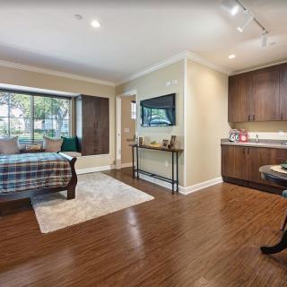 A modern open-space living area with hardwood floors, featuring a bed, a television on the wall, and a large window offering abundant natural light.