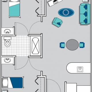 A detailed floor plan of an apartment featuring two bedrooms, a bathroom, a kitchen, and a living room area.