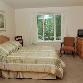 A cozy bedroom with a double bed, chairs, and a window overlooking greenery.