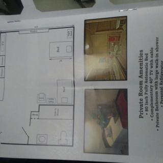 A floor plan with accompanying interior photos showcasing bathroom designs.