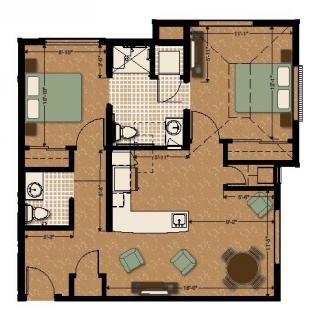 A detailed floor plan of a two-bedroom apartment featuring a living room, kitchen, and two bathrooms.