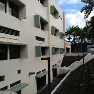 A modern building featuring sleek lines and palm trees in the background.