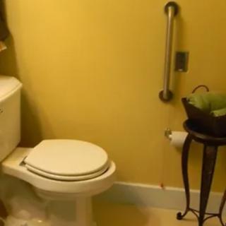 A bathroom with a toilet, safety grab bar, and a towel on a stand.