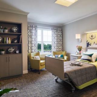 A modern and comfortable hospital room with stylish furnishings, including a bed, seating area, and decorative elements.