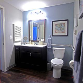A modern bathroom with a vanity, mirror, and toilet, featuring stylish lighting and hardwood flooring.