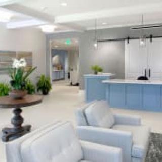 A modern lobby with comfortable seating, a reception desk, and decorative plants.
